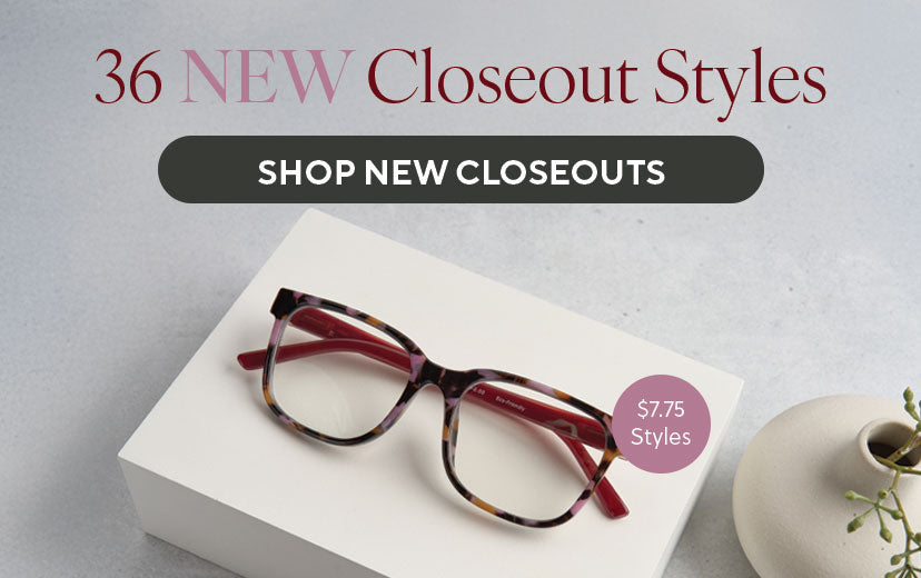 Promotional banner for new closeout styles with glasses on a white box and plant.